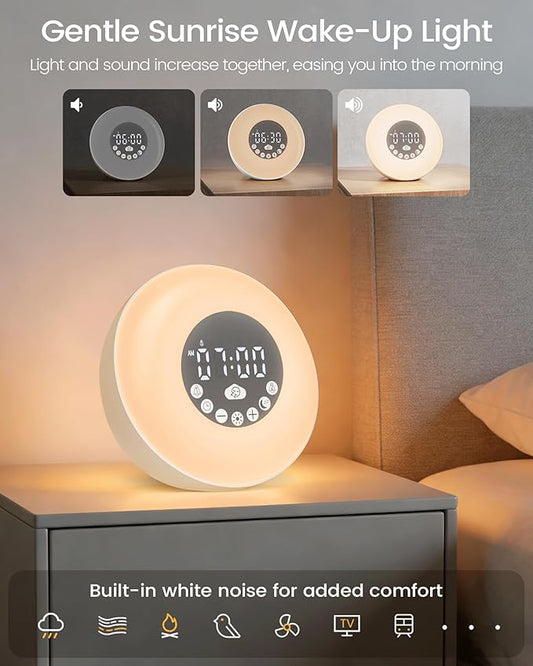 Glocusent Sunrise Alarm Clock for Bedrooms, Dual Alarm Clock Sound Machine & 14 White Noise, 2×Stereo Bluetooth Speaker/Radio/TF, 8 Color Night Light, 10-Level Dimming, Wake Up Light for Adults & Kids