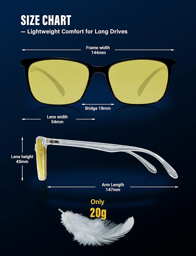 TIJN Night Driving Glasses, Anti-Glare Night Vision Glasses for Driving Women Men, UV Protection, Ultra-Light TR90, Yellow Lens, 2 Pack