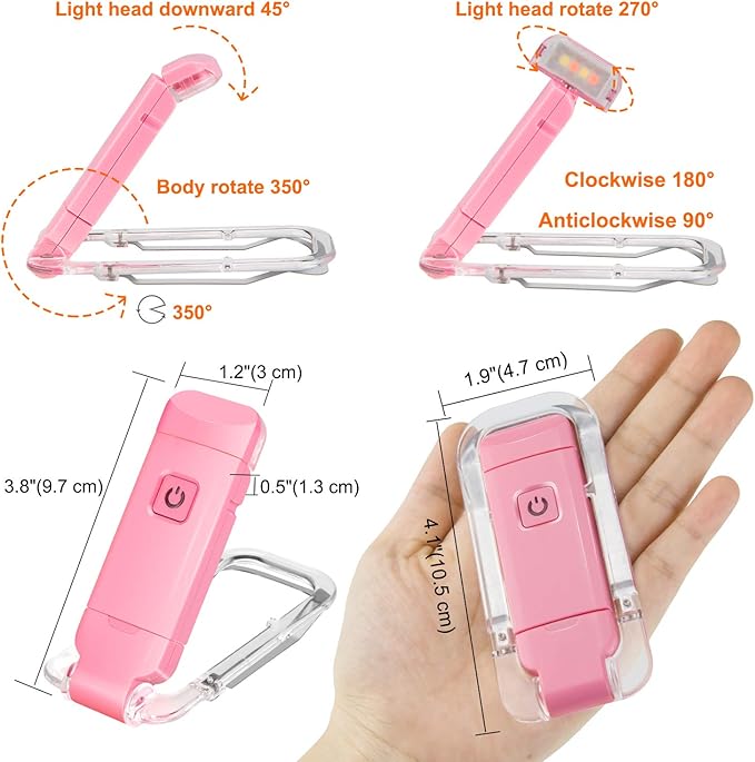 BIGLIGHT Amber Book Reading Light, LED Clip on Book Lights, Reading Lights for Books in Bed, Small Book Light for Kids, USB Rechargeable, 2 Brightness Adjustable for Eye Protection, Pink