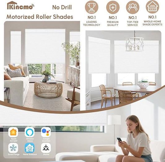 Kincmo No Drill Motorized Blinds with Remote, 100% Blackout Roller Shades for Windows, Custom Electric Blinds Compatible with Alexa, Apple Homekit, Google Home (100% Blackout Elegant White)
