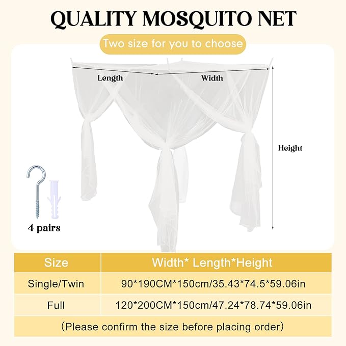 4 Corners Mosquito Net Bed Canopy for Single Twin Full Size, Rectangular Bed Curtains Drapes with 4 Hanging Hooks for Home Indoor Patio Outdoor(White,L75 X W35.5 X H59 Inch)