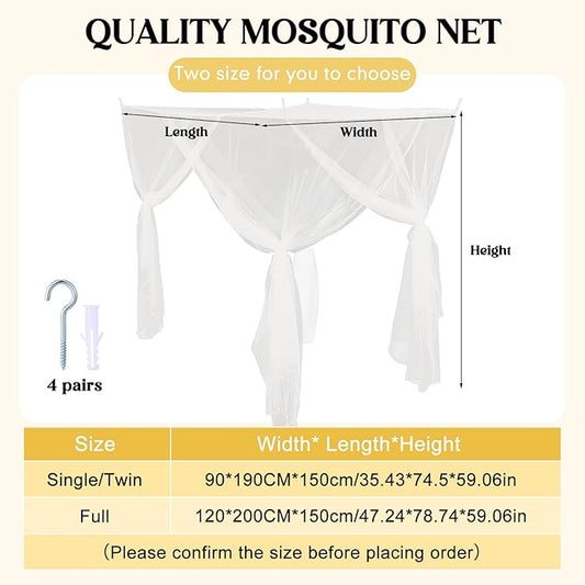 4 Corners White Bed Canopy Curtains for Single Twin Full Size, Mosquito Net Rectangular Bed Drapes for Bedroom Home Indoor Patio Outdoor Decoration(L79 X W47 X H59 Inch)