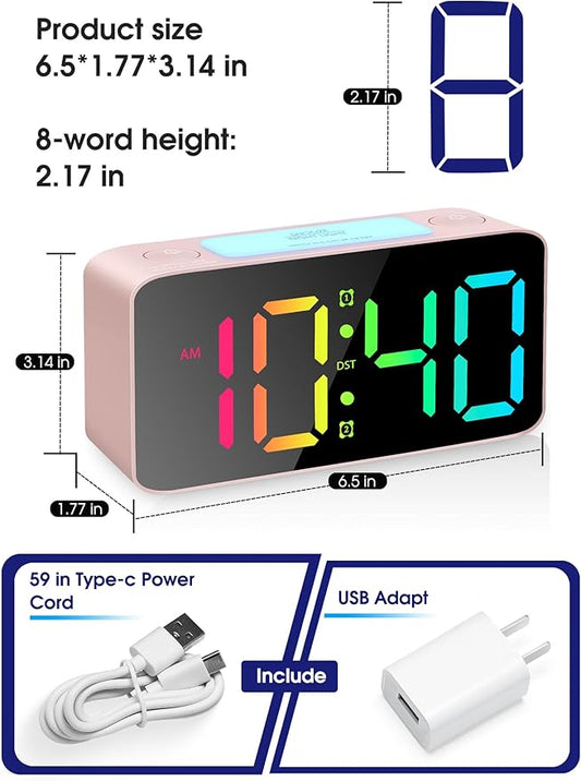 Cadmos Super Loud Alarm Clock for Heavy Sleepers Adults,Digital Clock with 7 Color NightLight,Adjustable Volume,USB Charger,Small Clocks for Bedrooms Bedside,ok to Wake for Kids,Teens (Pink+RGB)