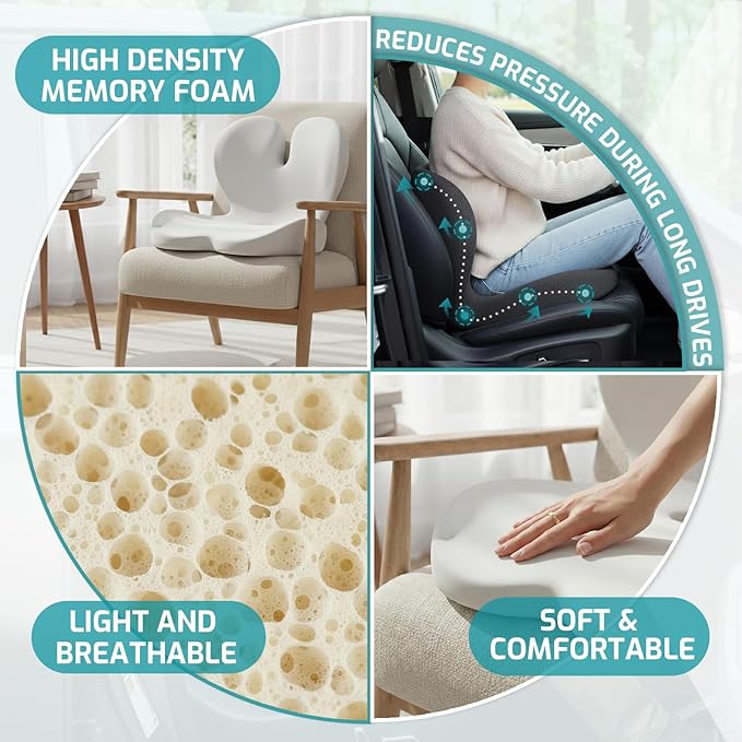 Trucker Seat Cushion, Car Seat Cushion Memory Foam Ergonomic Lumbar & Tailbone Support Pillow for Hemorrhoid, Coccyx & Sciatica Relief, for RV, SUV, Office Chair, Wheelchair (White)