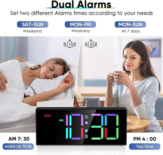 Loud Alarm Clock for Heavy Sleepers, Digital Clocks with Adjustable Volume Brightness,Snooze,Battery Backup, Large Numbers Display RGB Colorful Changing Clock for Bedrooms,Offce Living Rooms