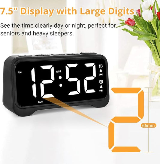 Loud Alarm Clock for Heavy Sleepers Adults, Vibrating Alarm Clock for Teens/Deaf, 7.5" Bright Clear Digital Screen, Adjustable Brightness with Night Light, 3 Levels Bed Shaker Under Pillow, Dual Alarm