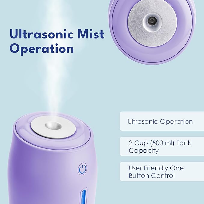 LivePure Cool Mist Humidifiers for Bedroom. Small Humidifier for Babies, Nursery, Plants, Office. Ultrasonic Cool Mist Humidifier w/Quiet Operation, USB-C Rechargeable. Lavender