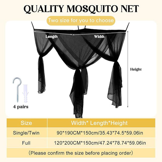 4 Corners Black Bed Canopy Curtains for Single Twin Full Size, Mosquito Net Rectangular Bed Drapes for Bedroom Home Indoor Patio Outdoor Decoration(L79 x W47 x H59 Inch)