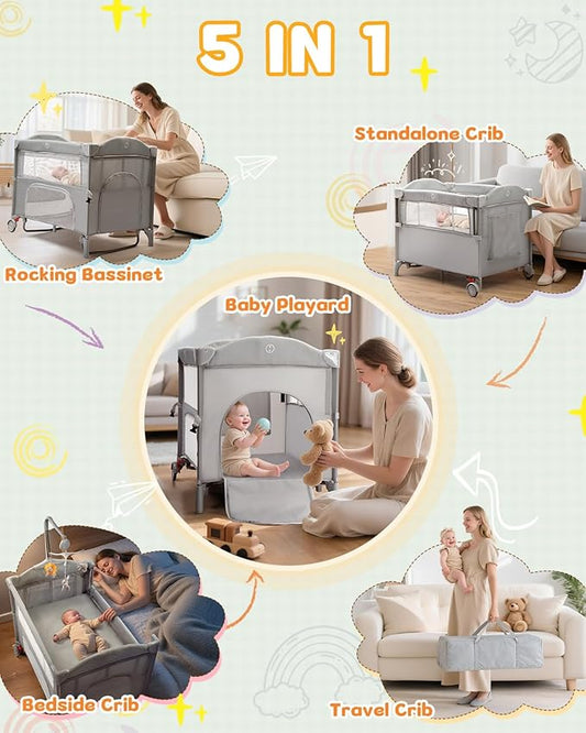 Ktaxon 5 in 1 Baby Bassinets Bedside Sleeper, Pack and Play, Baby Crib with Cradle Mode, Bedside Storage, Detachable Mattress, Fast Folding Design, Travel Bag, Playard from Newborn to Toddler