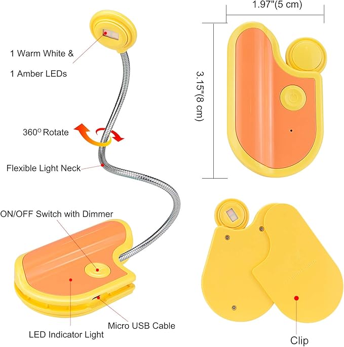Amber Reading Light Rechargeable, Book Light Kids for Reading in Bed, Clip On Reading Book Light, 2 Lighting Modes, Blue Light Blocking for Eye-Care, Small Bookmark Light for Bookworm-Yellow