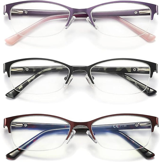 3 Pack Reading Glasses for Women Blue Light Blocking, Metal Oval Half Frame Womens Readers Glass with Spring Hinge, Anti Blue Ray Reduce Eye Strain Glare Headache(175 Magnification Strength)