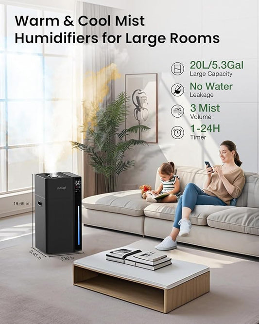 Mifasol Warm and Cool Mist Humidifier Large Room, 5.3Gal/20L Humidifiers for Home 1500 sq ft, Air Humidifiers for Bedroom, Large Room Humidifier for Baby Nursery Plants Office Whole House, Black