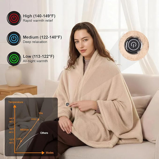 16000mAh Heated Blanket Battery Operated Soft Cordless Heated Blanket Shawl Portable Heated Throw Blanket Poncho Wraps Fast Heating with 3 Heat Levels 6 Heating Zones