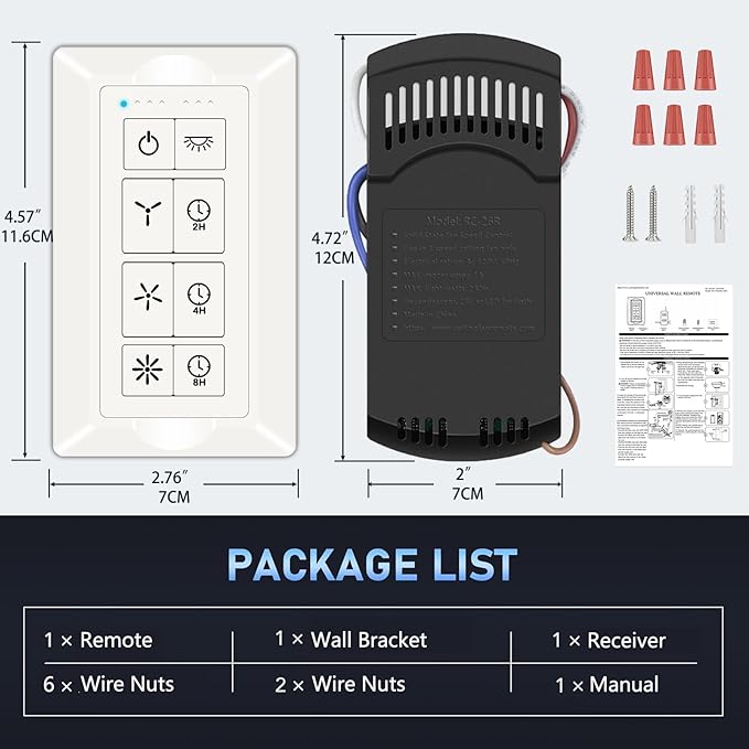 Ceiling Fan Remote Control Kit & Dimmer Switch, Adjustable 3-Speed Fan & Brightness Control & 2/4/8H Timing, Compatible with Hampton Bay Harbor Breeze Hunter, No in-Wall Wiring, White