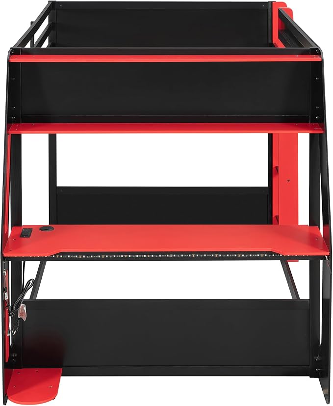 Wooden Bunk Bed with Desk & Charging Station & RGB Light Strip,Full Size Gaming Bunk Bed Frame with Storage Shelves,Safety Guardrails & Ladder for Kids Teens Adults Bedroom,Under-Bed Space,Red