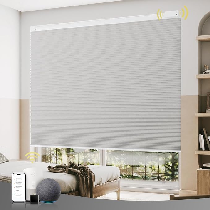 CINONEKO Custom Size(21-69"W x 22-93"H) Motorized Cellular Shades,No Drill Smart Honeycomb Blinds【Free Solar Powered】Automatic Blinds for Indoor Windows Cordless Electric Shades Compatible with Alexa