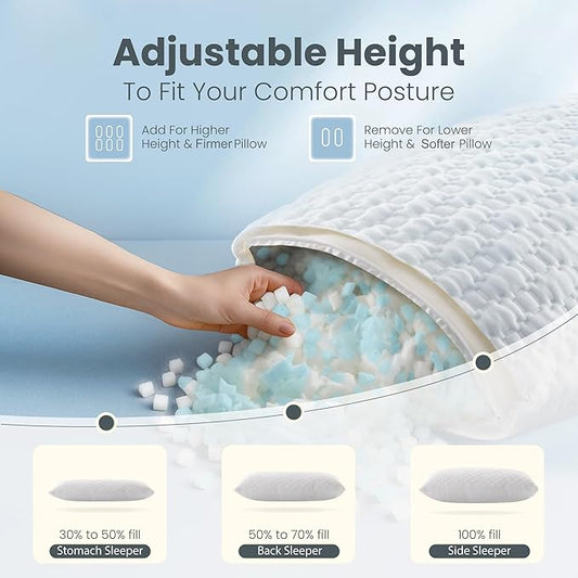 Sophia & William Side Sleeper Pillow King Size Set of 2 Shredded Memory Foam Pillows for Neck and Shoulder Pain Adjustable Cooling Pillows, Comfotable Double-Sided Pillowcase