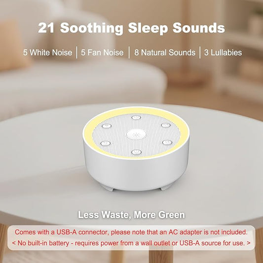 Kipcush White Noise Machine - 21 Soothing Non-Looping Sounds, Dimmable Night Light, & Blind-Touch Buttons | USB-Powered Portable Sleep Therapy for Babies, Adults, Office & Travel - White