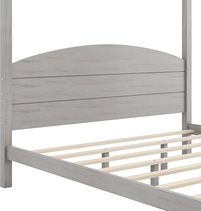 LUMISOL Canopy Bed Frame King Size, Solid Wood Four Posters Bed Frame with Headboard & Slat Support Legs, No Box Spring Needed, Grey Wash