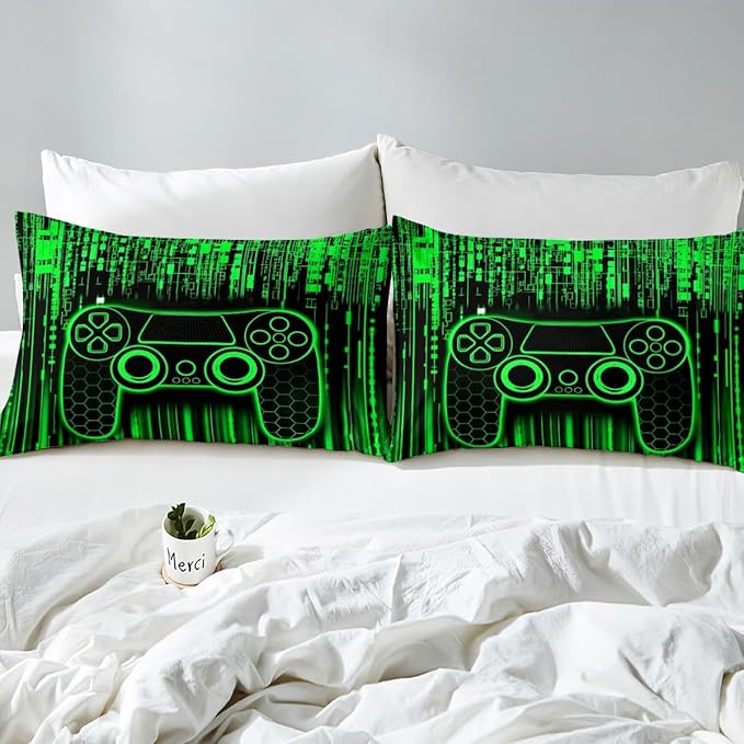 Gamer Gamepad Kids Sheet Queen Size,Videogaming Controller Fashion Bedding Set,Boys Girls Room Decor,Modern Geometric Honeycomb Hexagon Green Neon Bed Sheet Set 4pcs(Fitted + Flat + 2 Pillowcases)