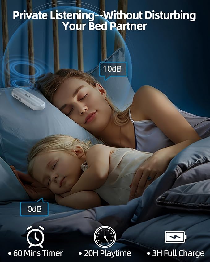 Private Bluetooth Speaker Under Pillow: Portable Bone Conduction Technology Sleep Aid with White Noise for Relaxation (White)