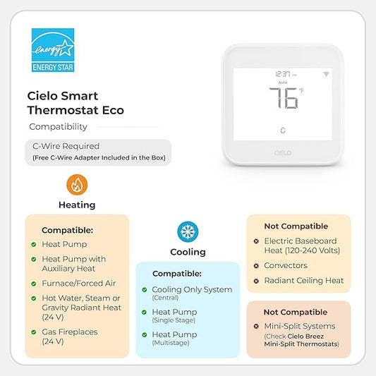 Cielo Smart Thermostat Eco (for Central HVAC) | Energy Star Certified | Supports Conventional Systems up to (2H/2C) & Heat Pumps (4H/2C) | Free C-Wire Adapter | NOT for Mini Split Systems | White