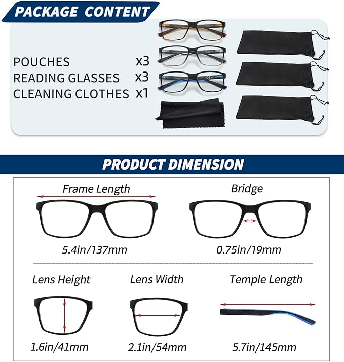JJWELL 3 Pack Reading Glasses for Men Blue Light Blocking with Spring Hinge, Anti Eyestrain/Dryness/UV Large Wide Square Readers for Men, Two Tone Computer Reader Glasses Eyeglass(3.0 Strength)