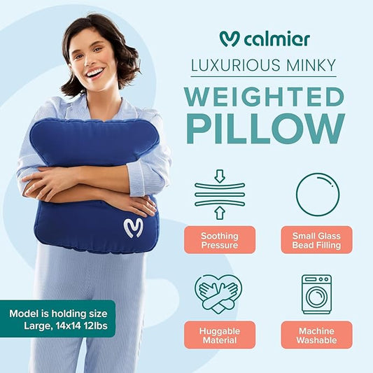 Calmier - 9 lb Sensory Weighted Pillow - Glass Bead Filled Hug Pillow - Ultra Plush Cozy Weight Sensory Pillows for Adults and Kids - Weighted Lap Pad (Blue- Minky, 9 LBS)