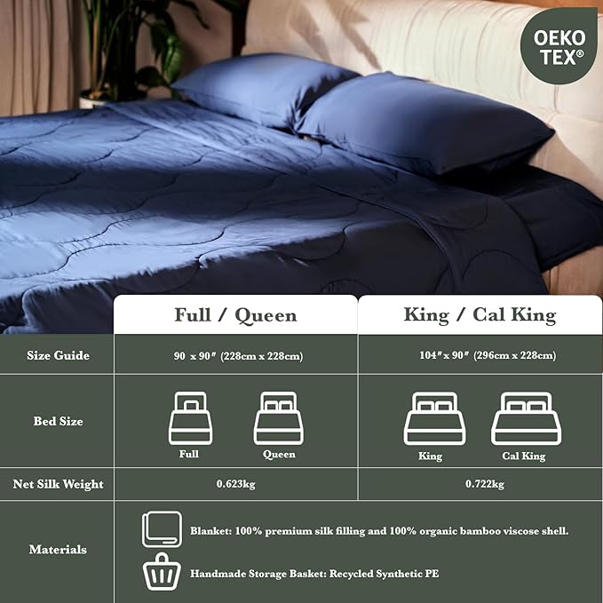 Silk Comforter King Size | 100% Mulberry Silk Fill with Organic Bamboo Viscose Shell | Summer Cooling Blanket for Hot Sleepers, Lightweight Breathable All-Season Bedding (Blue, 104"x90")