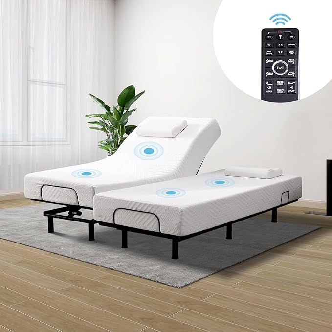 MUUEGM Adjustable Bed Frame Base Split King Massage,Wireless Remote Control,Ergonomic Upholstered Motorized Head Foot Incline,Zero Gravity,Anti-Snore,USB Ports,Easy Assembly,LED Light,Memory Pre-Sets