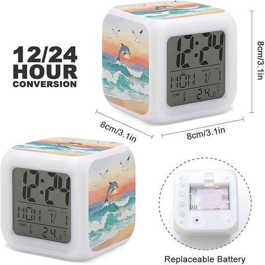 Ocean Waves Sunrise Digital Alarm Clock Color Change LED Digitals Clock with Battery Operated Modern Smart Alarm Clocks Wake Up Digital Clocks with 7 Color Nightlight for Bedroom