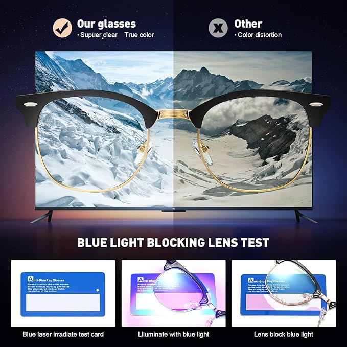 Blue Light Blocking Glasses Vintage Half Frame UV Clear Lens Anti Eyestrain Computer Gaming Glasses for Women Men (E-black Gold +crystal Silver)