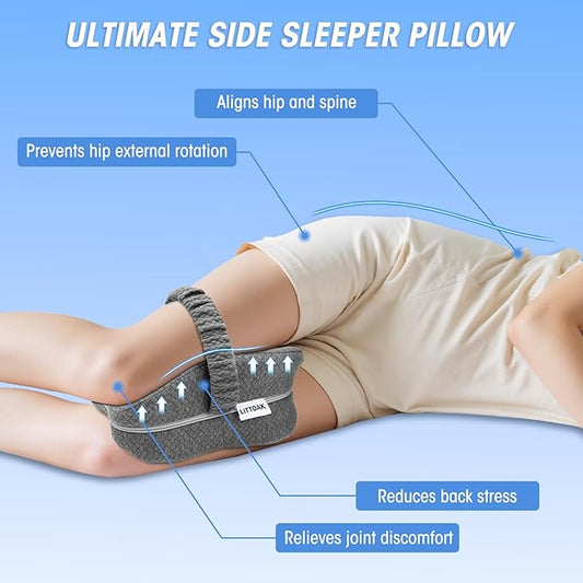 Knee Pillow for Side Sleepers & Sciatica Pain Relief, Memory Foam Leg Pillow for Side Sleeping with Detachable and Adjustable Strap, Two Covers, Blue& Grey, Gifts for Men and Women, One Pillow Only