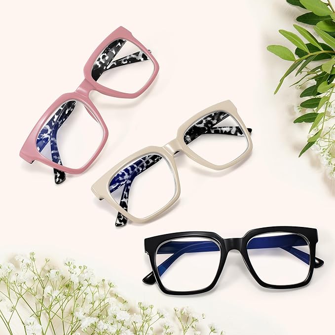 EASY READ 3 Pairs Reading Glasses for Women, Squre Computer Blue Light Blocking Anti UV Readers with Spring Hinge