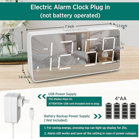 Peakeep Digital Clock, Alarm Clock Battery Backup Powered for Bedrooms – Mirror Face Large Numbers 6 Dimmer for Seniors, Super Loud for Heavy Sleepers (White)