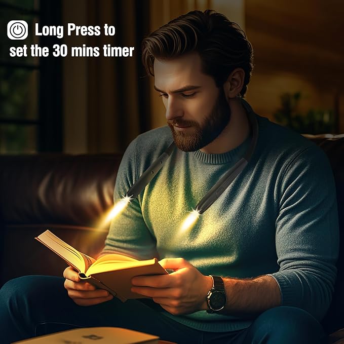 Upgraded LED Neck Reading Light, Book Light, Rechargeable, 3 Colors & 3 Brightness Adjustable, Auto-Off Timer, Neck Light for Reading in Bed, Long Lasting, Perfect for Repairing, Knitting.