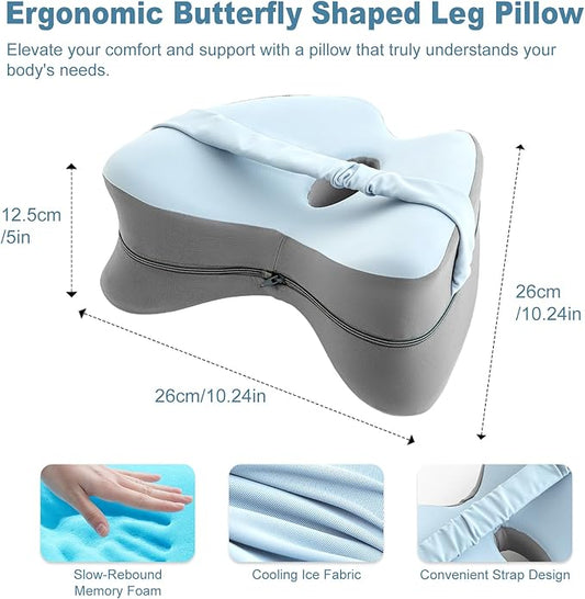 Knee Pillow for Side Sleepers, Memory Foam Leg Pillow for Side Sleeping, Cooling Knee Pillow with Strap for Hip Pain, Back Pain, Sciatica Pain Relief, Spine Alignment (Butterfly-Blue)