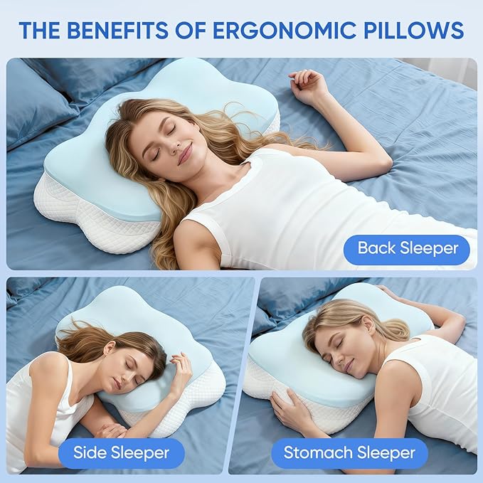 Cervical Pillow for Neck Pain Relief, Adjustable Ergonomic Contour with Orthopedic Memory Foam, Full Support for All Sleeping Positions (Side Back Stomach), Odorless (Blue-White)