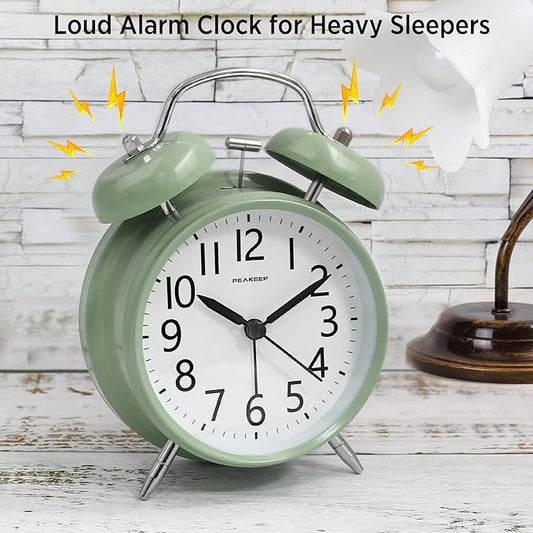 Peakeep Loud Battery Alarm Clock for Heavy Sleepers Adults Kids, Analog 4.5" Twin Bell Old School Fashioned Style for Bedrooms Living Room Decor (Avocado Green)