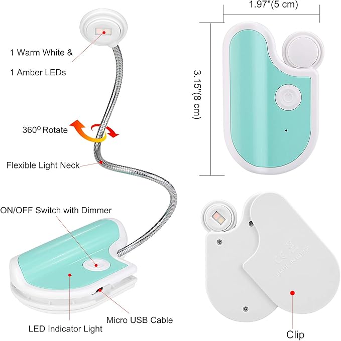 Amber Book Light - Clip On, 2 Modes, Blue Light Blocking for Eye Care, Small Bookmark Light for Kids - White