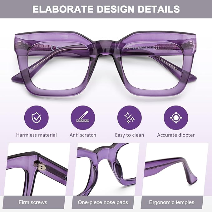 AQWANO Stylish Oversized Reading Glasses for Women Fashion Designer Readers Blue Light Square Computer Glasses