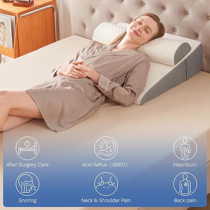 2PCS Wedge Pillow, 7.5" Wedge Pillow for Acid Reflux, Back Pain Relief, Cooling Memory Foam Top, Bed Wedge Pillows for Headboard, Sleeping, Snoring, Back Support, After Surgery.