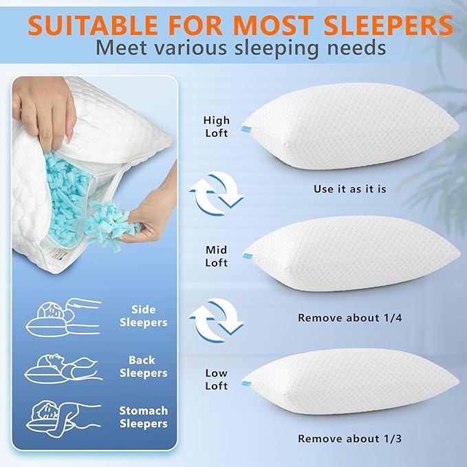 Cooling Memory Foam Pillows Firm and Soft, Standard Size 1 Pack, Original Adjustable Pillows for Side, Back or Stomach Sleepers with Removable Washable Cover