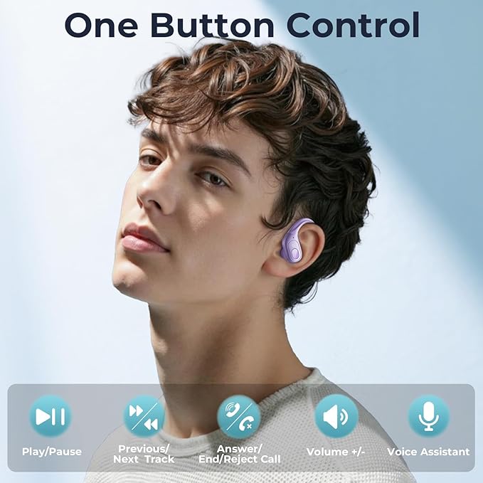 occiam Active Noise Cancelling Earbuds Wireless Bluetooth Headphones Ear Buds 90Hrs Playback Stereo Bass Earphones with Mic Over-Ear Hooks IPX7 Waterproof Headset for Work Sports Running Gym Purple