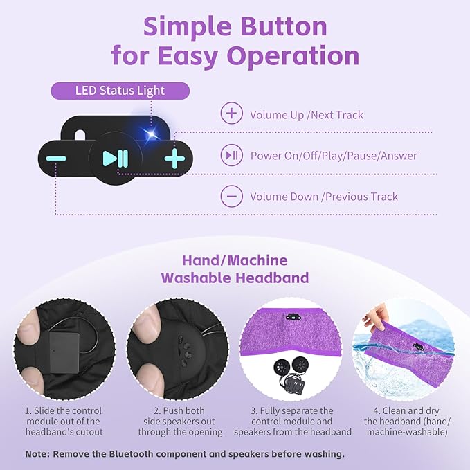 Sleep Headphones Bluetooth 6.0 Headband, 20Hr Headband Headphones with HD Stereo Speakers, Sports Wireless Earphones for Side Sleepers Workout Yoga Travel Meditation, Gifts for Women Men,Purple
