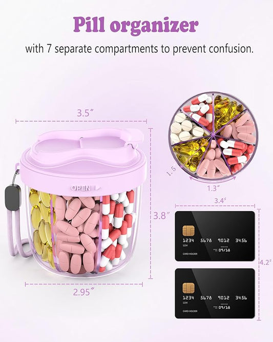 Pill Organizer with 7 Compartments, Pill Box Case for Holding 7 Different Vitamins, Anti-Mix Design for Easy Medication Retrieval. Travel Pill Organizer with 20 Labels. Pill Container(Purple)