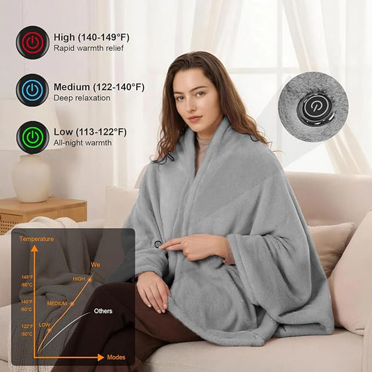 16000mAh Heated Blanket Battery Operated Soft Cordless Heated Blanket Shawl Portable Heated Throw Blanket Poncho Wraps Fast Heating with 3 Heat Levels 6 Heating Zones
