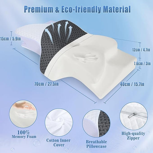 SAHEYER Cervical Neck Pillow, Memory Foam Pillow for Neck Pain Relief and Snoring, Ergonomic Pillow for Side Sleeper, 2 in 1 Orthopedic Pillow for Back and Stomach Sleeper, White