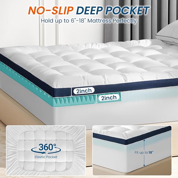 4 Inch Dual Layer Memory Foam Mattress Topper - 2 Inch 1000GSM Fluffy Soft Pillow Top Mattress Pad Cover and 2 Inch Egg Crate Cooling Gel Memory Foam for Back Pain Relief,(Twin,39"x75")