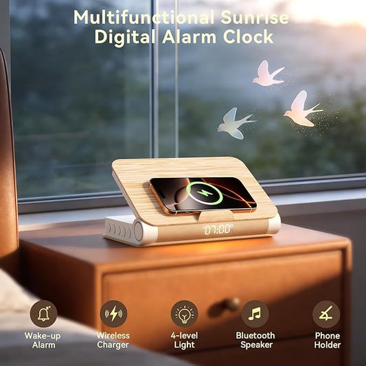 Vivilumens Alarm Clocks Wireless Charger Bluetooth Speaker Loud Sunrise Bedside Lamp for Heavy Sleepers Adults with Book Shape Wake Up Light for Bedroom Home Decor (Wooden Grain)